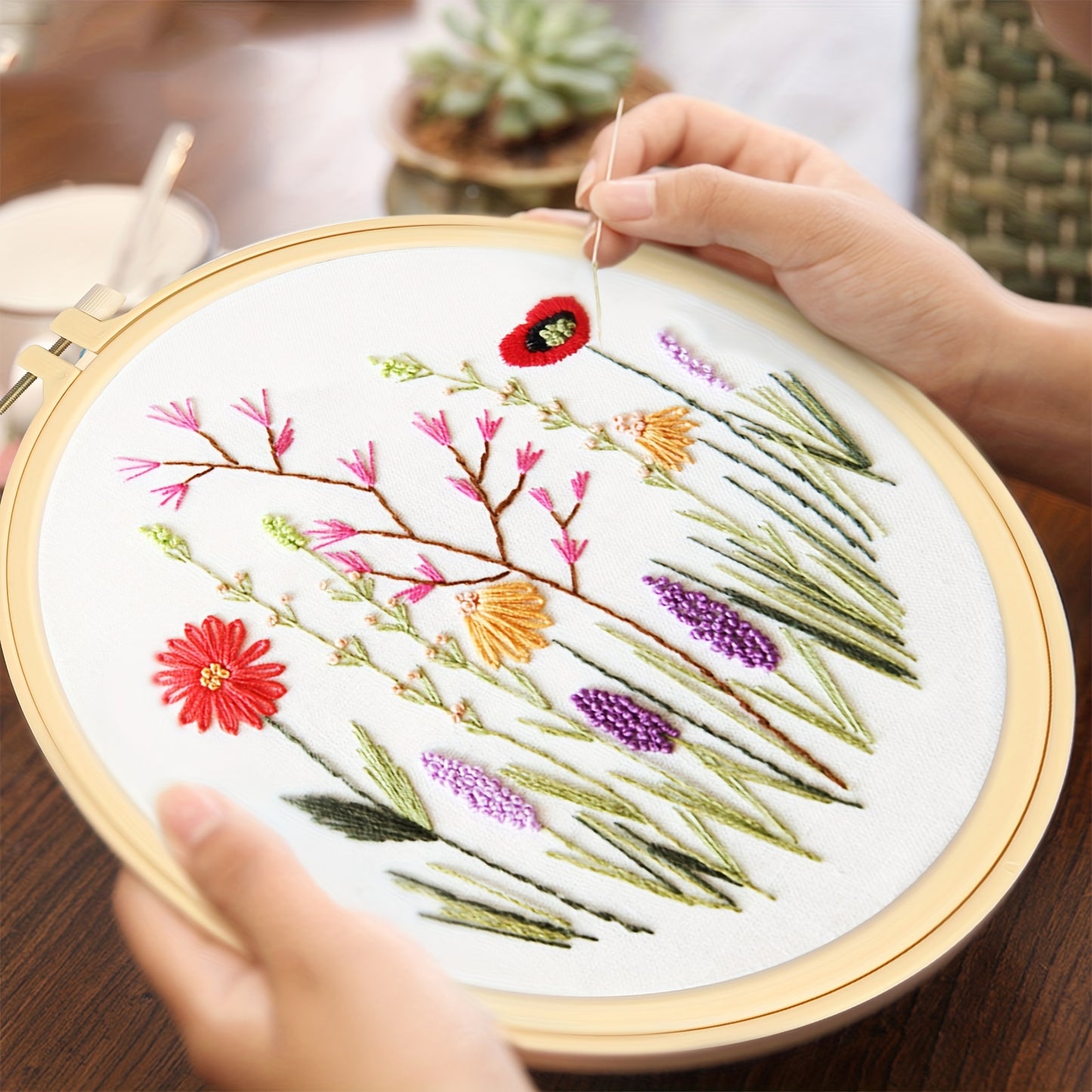 Embroidery Starter Kit with Hoop, Floral Pattern, Threads, Needles and Instructions