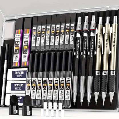34pcs Art Mechanical Pencil Set in Case, 6 Drafting Pencil 0.5 0.7 0.9 2mm Lead Holder