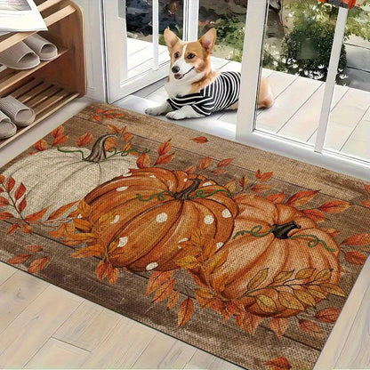 15.74" x 23.62" 1PC Pumpkin Polka Dot Doormat - Flannel Non-Slip Front Door Welcome Mat for Fall, Thanksgiving, Halloween - Farmhouse Indoor Rug for Living Room, Kitchen, Bedroom