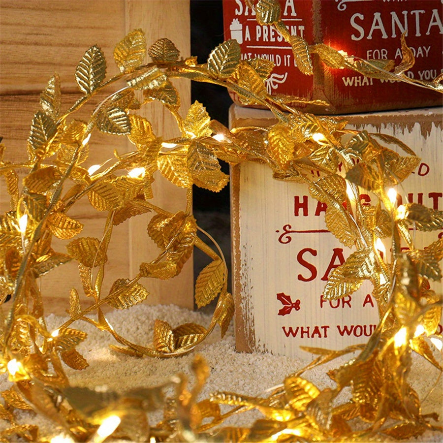 16ft 50LED Golden Artificial Plant Leaf Fairy Lights for Garden Decor