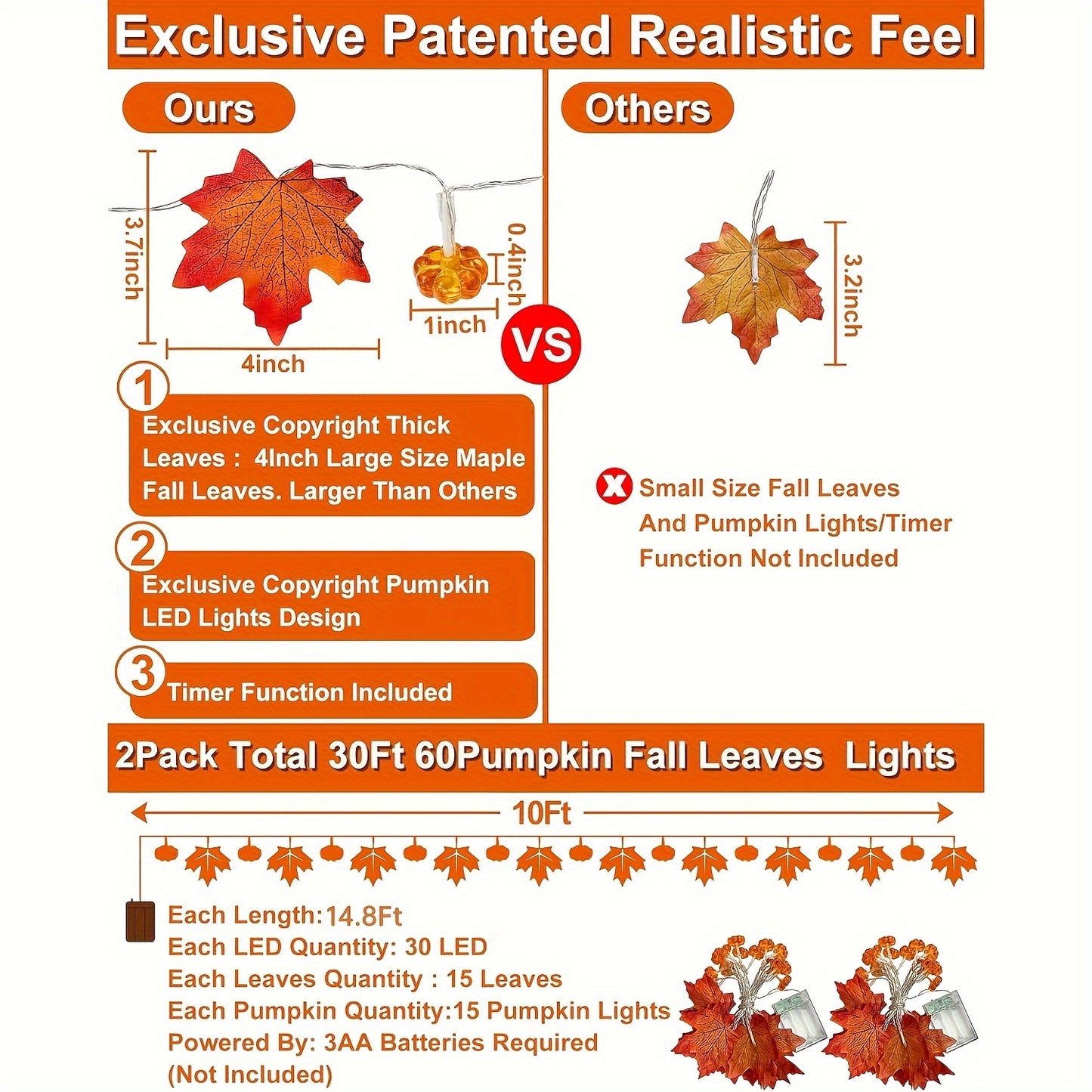 2-Pack Fall Pumpkin Garland Lights - 30ft 60LED Battery Operated String Lights with Realistic Maple Leaves for Thanksgiving & Halloween Decor