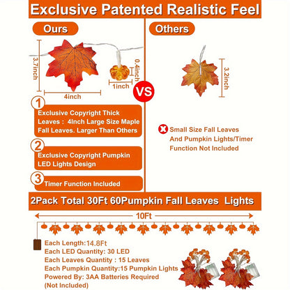 2-Pack Fall Pumpkin Garland Lights - 30ft 60LED Battery Operated String Lights with Realistic Maple Leaves for Thanksgiving & Halloween Decor