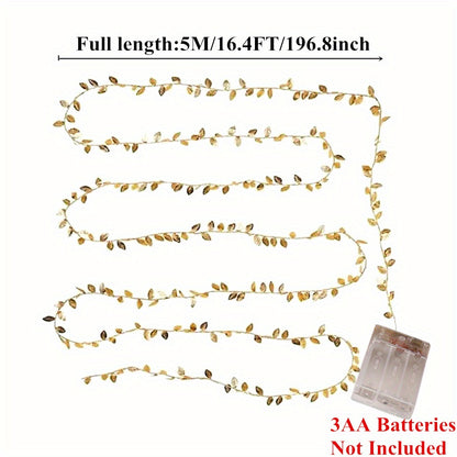 16ft 50LED Golden Artificial Plant Leaf Fairy Lights for Garden Decor