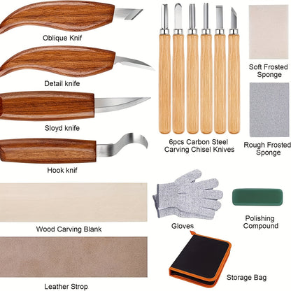 Wood Carving Kit 26pcs, Wood Carving Tools Hand Carving Knife Set with Anti-Slip Cut Resistant Gloves