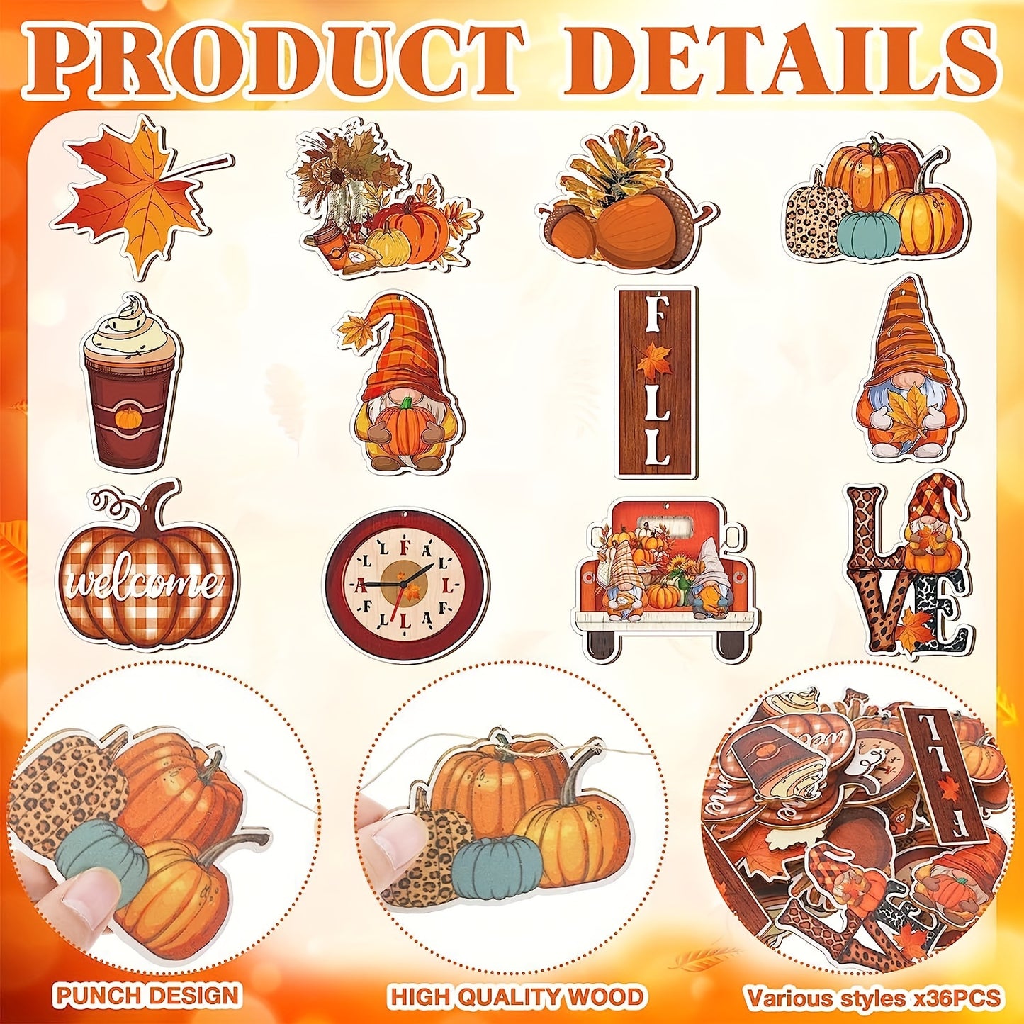 24-Pack Wooden Fall Hanging Decor - Pumpkin & Leaf Ornaments for Thanksgiving, Autumn Tree & Wall Decoration