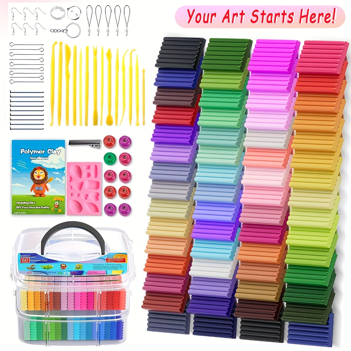 Polymer Clay 60 Colors DIY Modeling Clay for Kids, Oven Bake Clay with Sculpting Tools