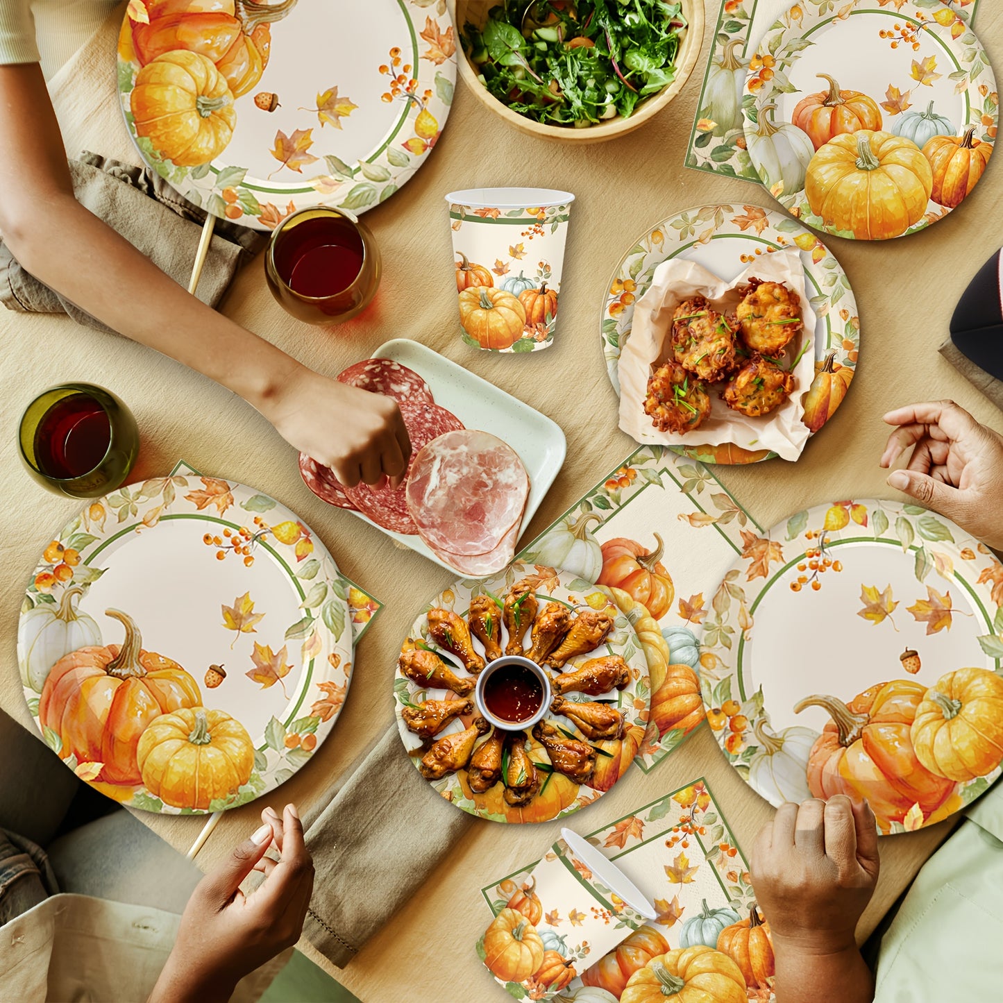 140-Pc Fall Party Tableware Set - Thanksgiving Pumpkin & Maple Leaf Plates, Napkins for 20 Guests - Disposable Dinnerware for Halloween, Autumn Birthday Decor