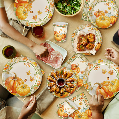 140-Pc Fall Party Tableware Set - Thanksgiving Pumpkin & Maple Leaf Plates, Napkins for 20 Guests - Disposable Dinnerware for Halloween, Autumn Birthday Decor