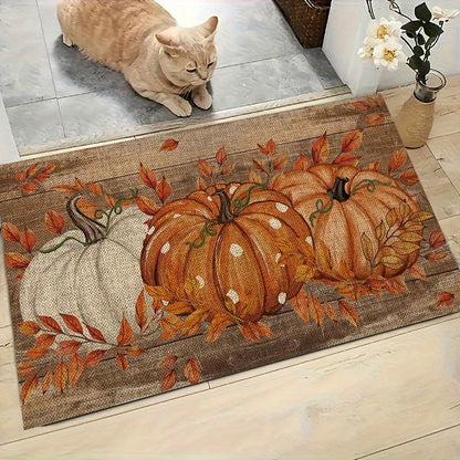 15.74" x 23.62" 1PC Pumpkin Polka Dot Doormat - Flannel Non-Slip Front Door Welcome Mat for Fall, Thanksgiving, Halloween - Farmhouse Indoor Rug for Living Room, Kitchen, Bedroom