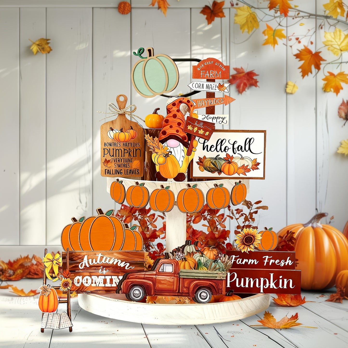 16-Piece Wooden Fall Tiered Tray Decor Set - Pumpkin & Sign Thanksgiving Decor for Farmhouse Tabletop, Halloween & Christmas Displays