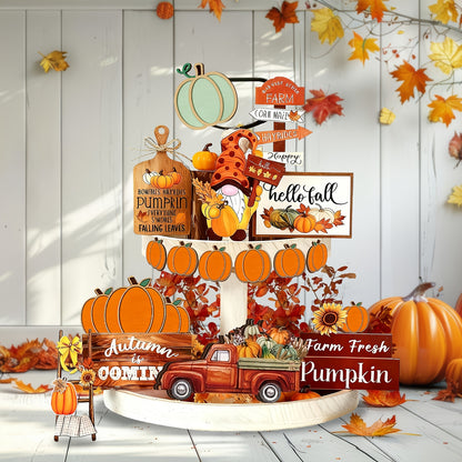 16-Piece Wooden Fall Tiered Tray Decor Set - Pumpkin & Sign Thanksgiving Decor for Farmhouse Tabletop, Halloween & Christmas Displays