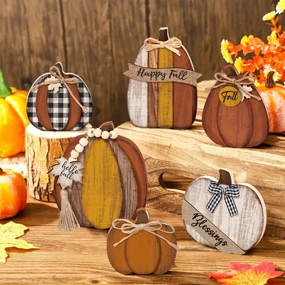 Set of 6 Wooden Fall Tiered Tray Decor - Rustic Pumpkin & Autumn Sign Set for Farmhouse Thanksgiving Tabletop Displays