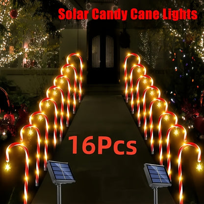 16 Solar-Powered Candy Cane Lights, 5-In-1, 96 LED Bulbs, 8 Lighting Modes, Indoor And Outdoor Christmas Decoration, Festive Red And White Striped Design, Suitable for Lawns, Yards, Gardens, Christmas Trees, Solar Christmas Lights.