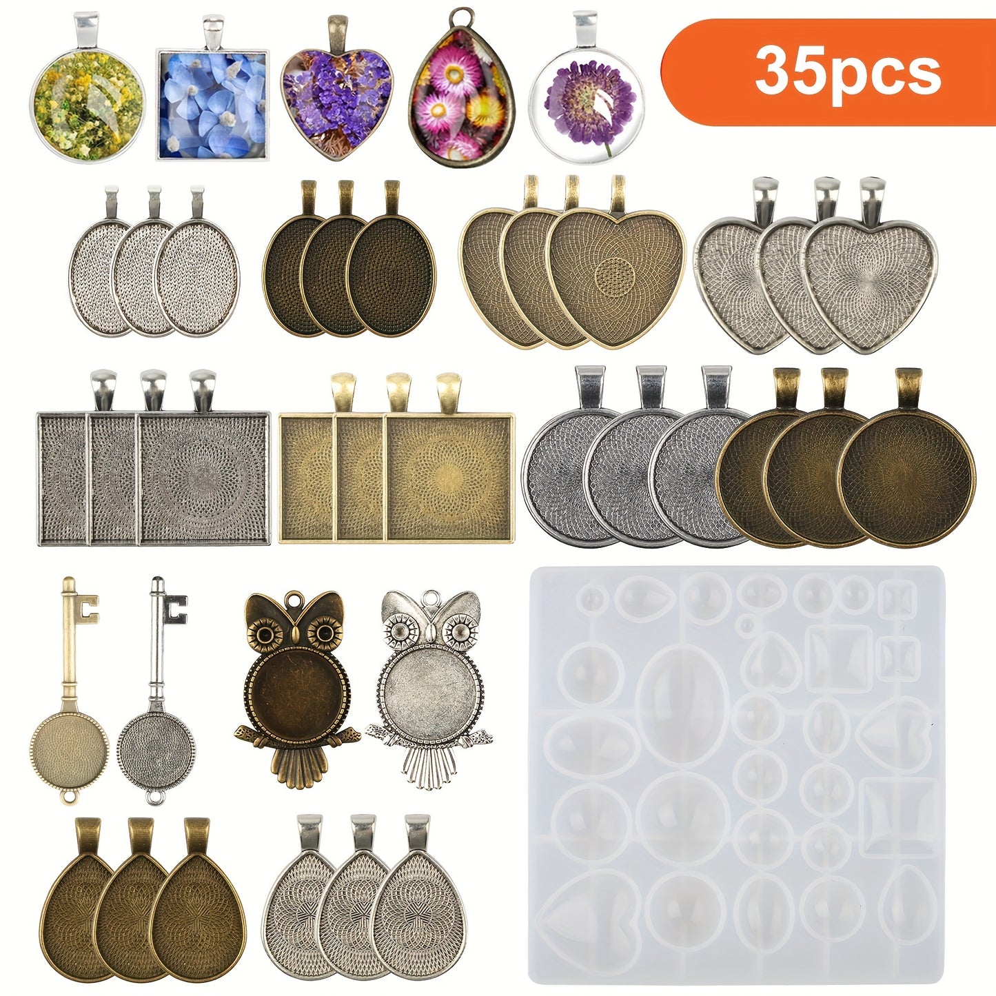 35 pcs Pendant Tray Silicone Mold Set, Jewelry Making Kit with 7 Styles Pendant Trays