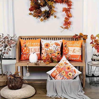 Set of 4 Fall Throw Pillow Covers - Rustic Farmhouse Pumpkin, Sunflower & Mason Jar Designs for Thanksgiving Home Decor - 18x18 Inch