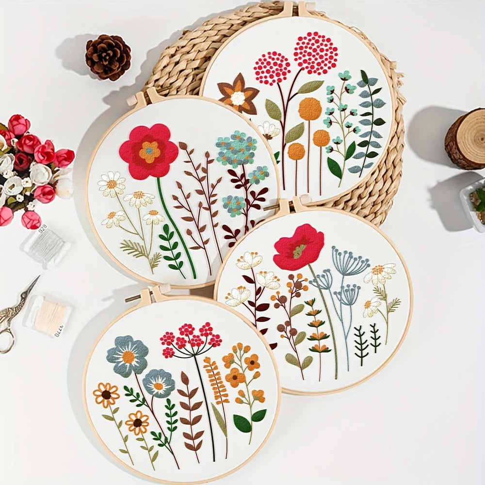 4pcs Set of Fluffy Flower and Grass Pattern Embroidery DIY, Theme Embroidery Cross Stitch Art Kit