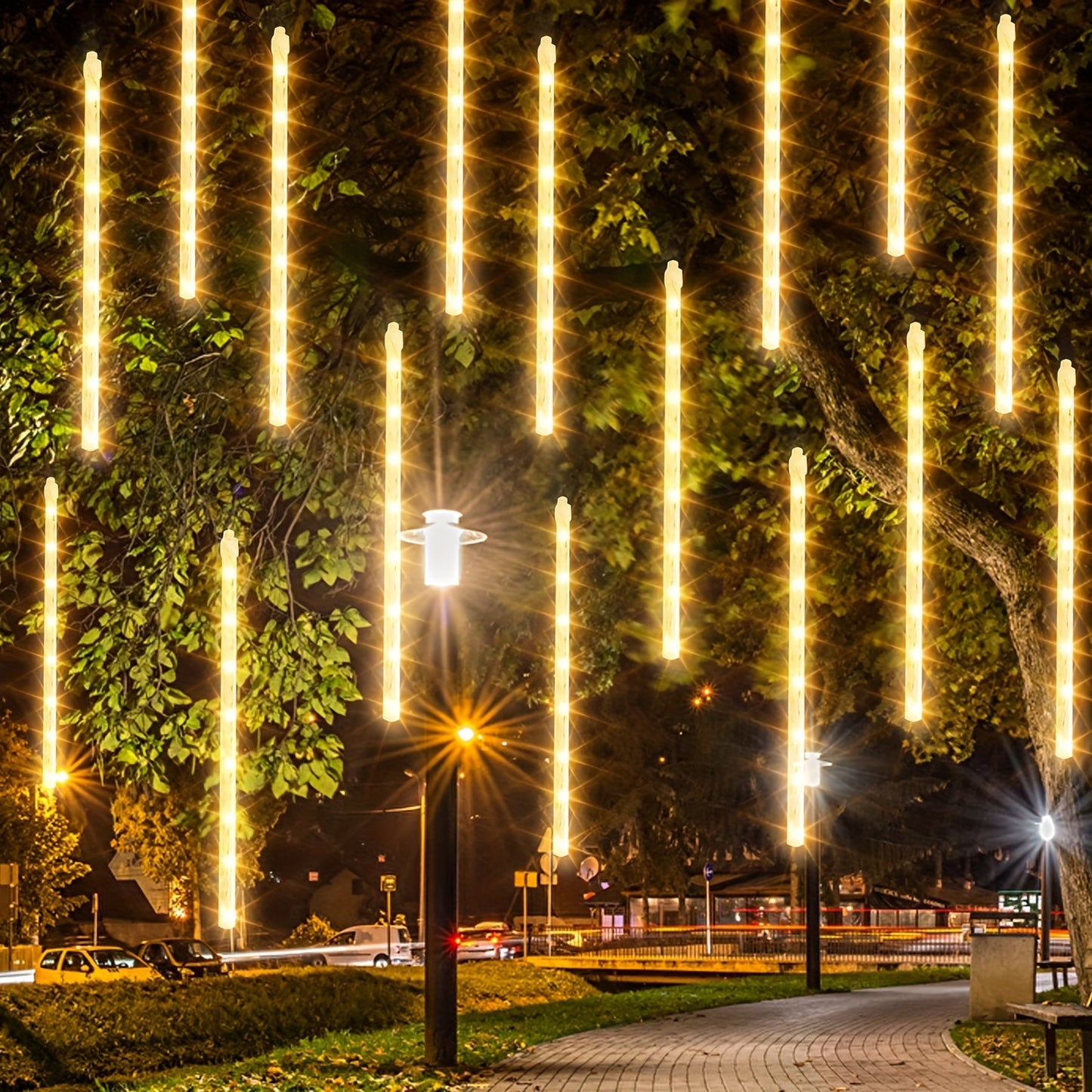288 LED Christmas Halloween and Thanksgiving Lights Outdoor LED Meteor Shower Rain Lights (Warm White)