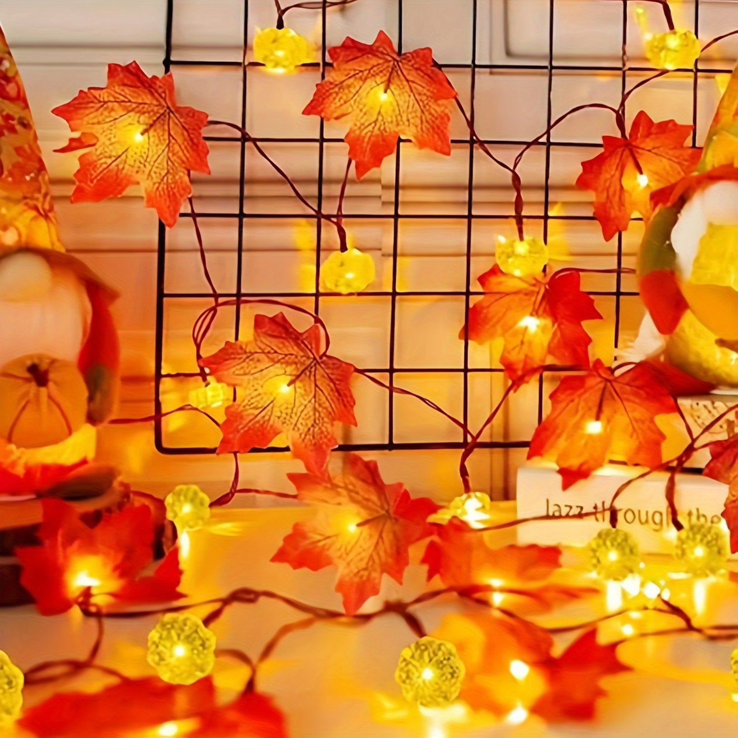 2-Pack Fall Pumpkin Garland Lights - 30ft 60LED Battery Operated String Lights with Realistic Maple Leaves for Thanksgiving & Halloween Decor
