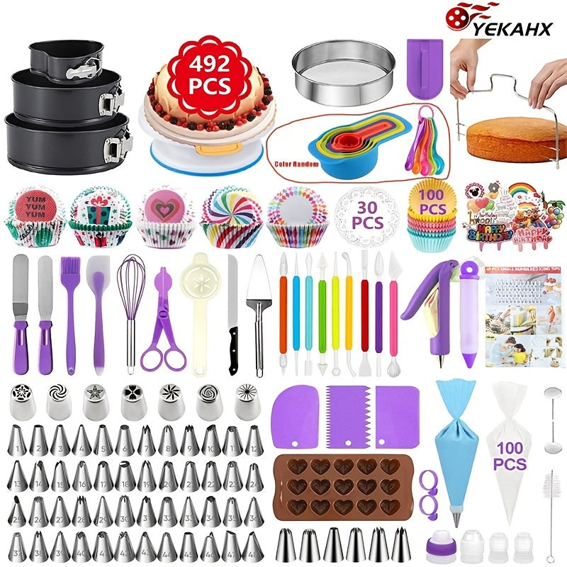 492 pc Cake Decorating Set with Rotating Turntable and Reusable Piping Bags