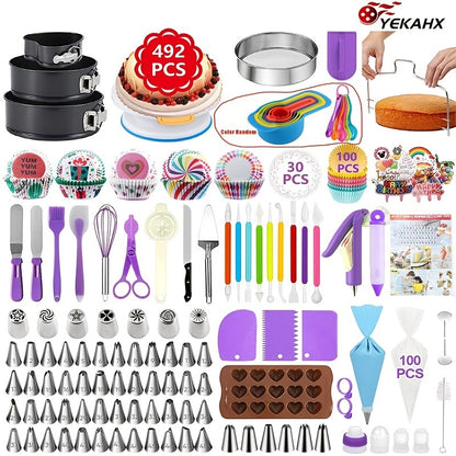 492 pc Cake Decorating Set with Rotating Turntable and Reusable Piping Bags