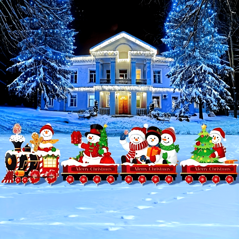 15.7" Christmas Train & Snowman Yard Sign Set - Easy Outdoor Lawn Decor