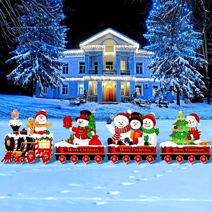 15.7" Christmas Train & Snowman Yard Sign Set - Easy Outdoor Lawn Decor