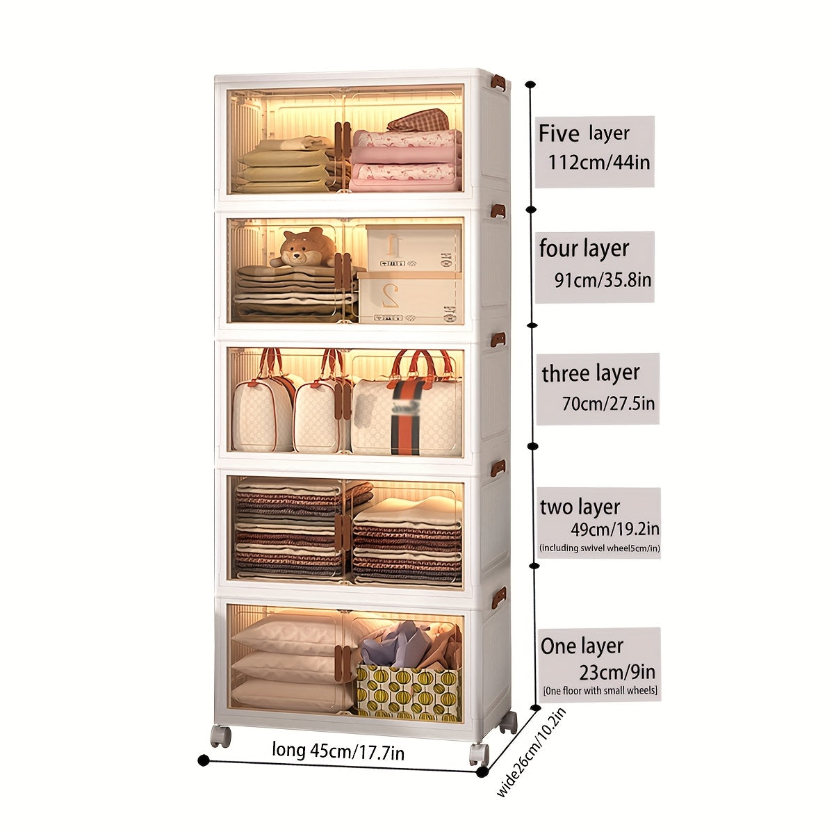 5-Layer Stackable Storage Boxes with Lids and Doors, Foldable Plastic Material
