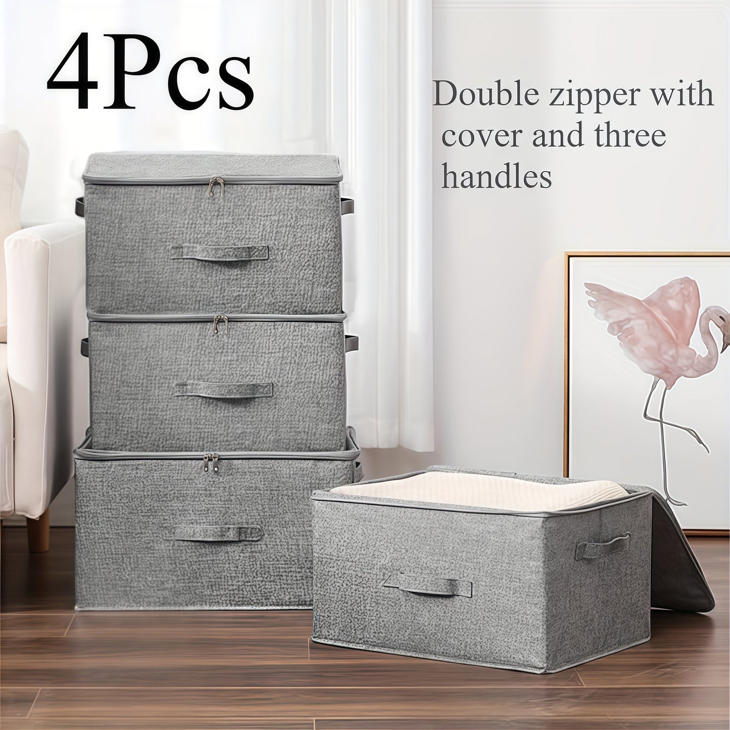Set of 4 Oversized Collapsible Storage Containers with Double Zippers and Three Handles